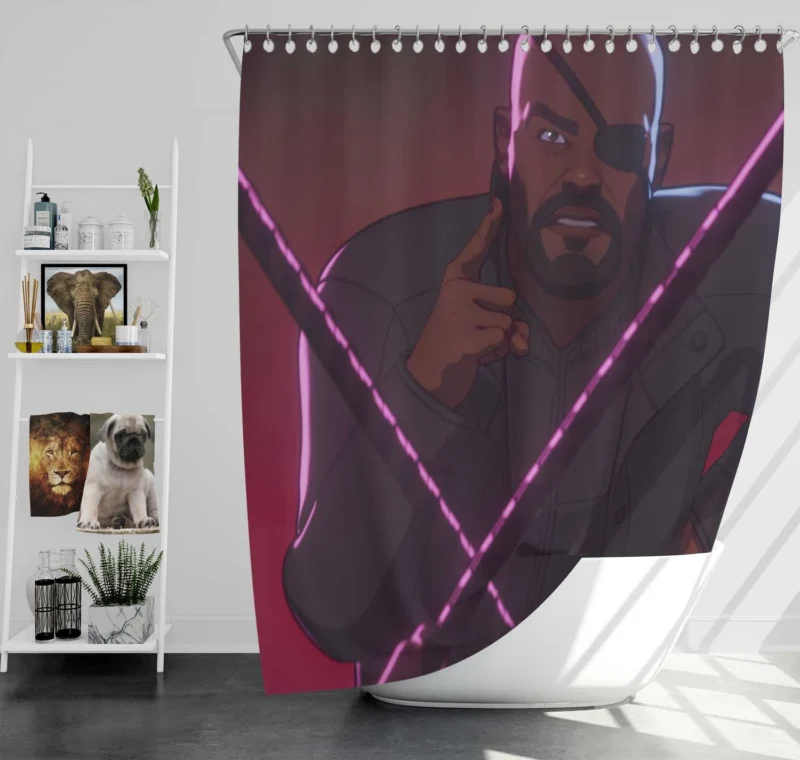 Discover Alternate Realities with Nick Fury in What If...? Shower Curtain