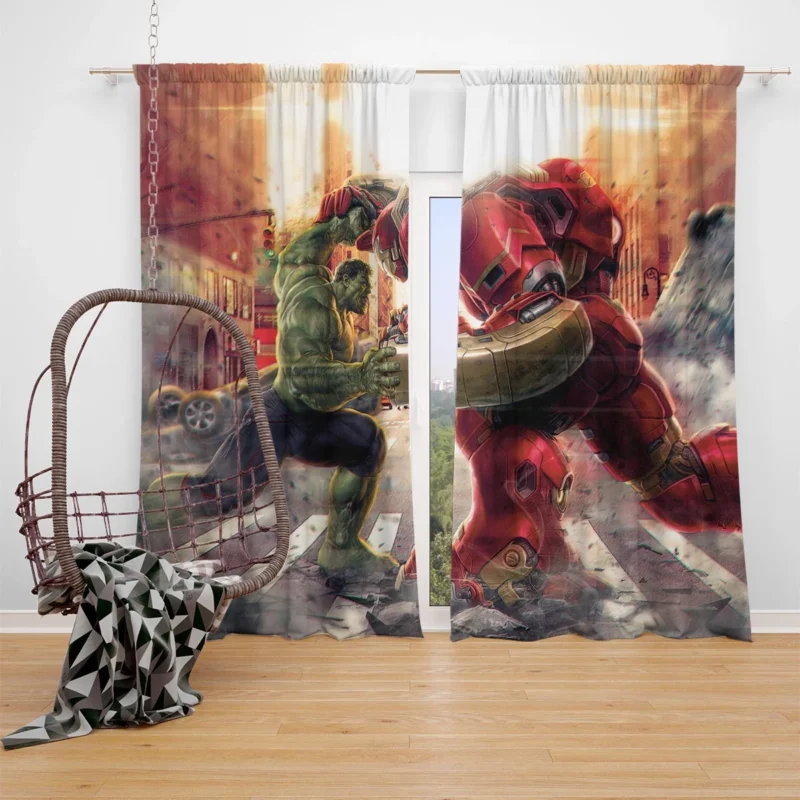 Hulk vs. Hulkbuster: Epic Battle in Avengers: Age of Ultron Window Curtain